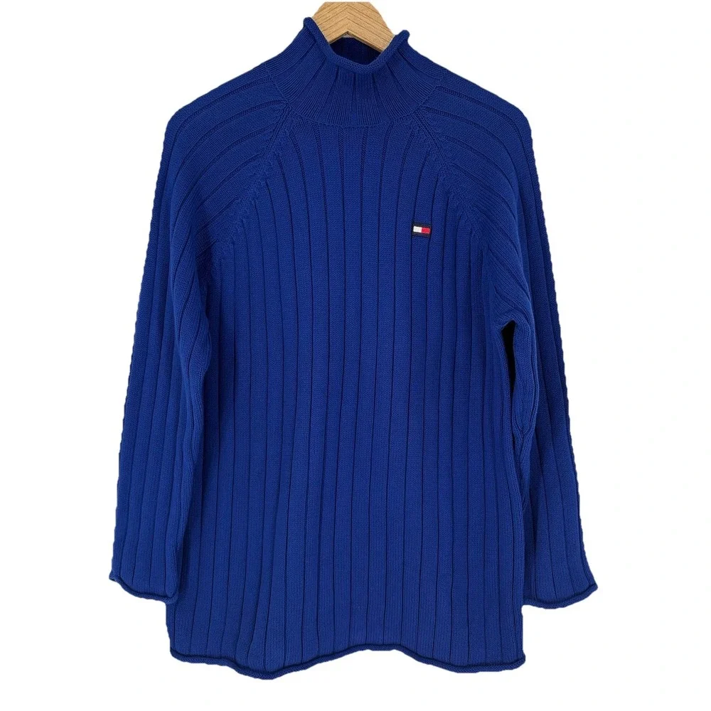 Y2K Tommy Hilfiger Mens Rollneck Ribbed‎ Sweater Mens S Blue Logo Retro Preppy
